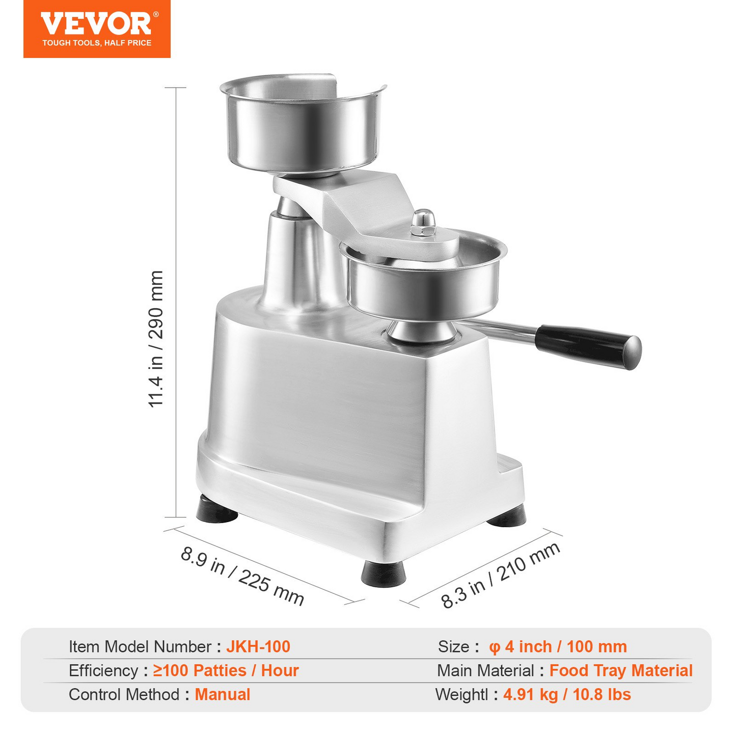 VEVOR Commercial Burger Patty Maker, 100mm/4inch Hamburger Beef Patty Maker, Heavy Duty Food-Grade Stainless Steel Bowl Burger Press Machine, Kitchen Meat Forming Processor with 1000 Pcs Patty Papers