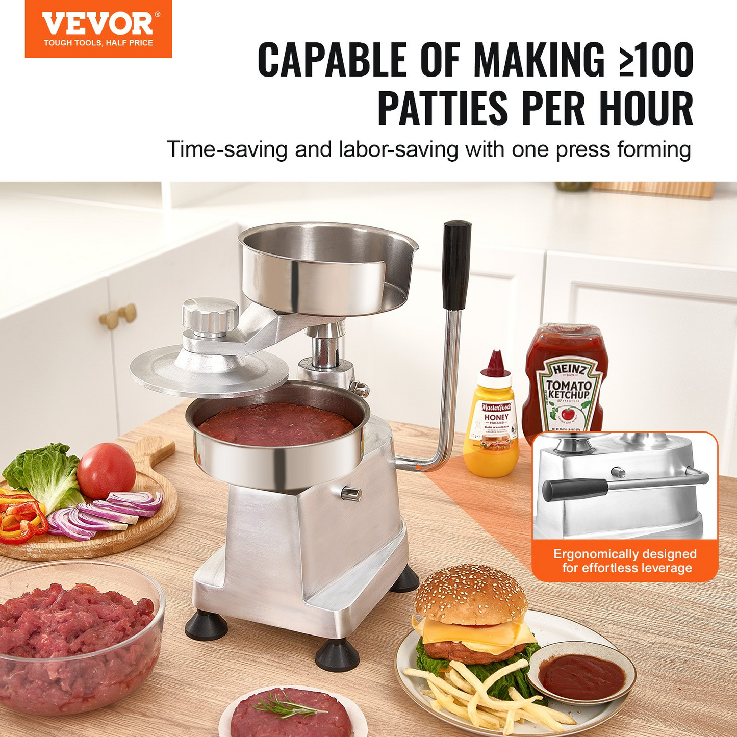 VEVOR Commercial Burger Patty Maker, Hamburger Beef Patty Maker with 3 Convertible Mold(4/5/6-inch), Heavy Duty Stainless Steel Burger Press Machine, Meat Forming Processor with 1500 Pcs Patty Papers