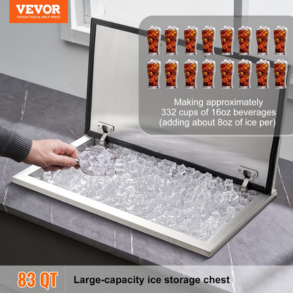 VEVOR Drop in Ice Chest, 24"L x 20"W x 15"H Stainless Steel Ice Cooler, Commercial Ice Bin with Hinged Cover, 40 qt Outdoor Kitchen Ice Bar, Drain-pipe and Drain Plug Included, for Cold Wine Beer