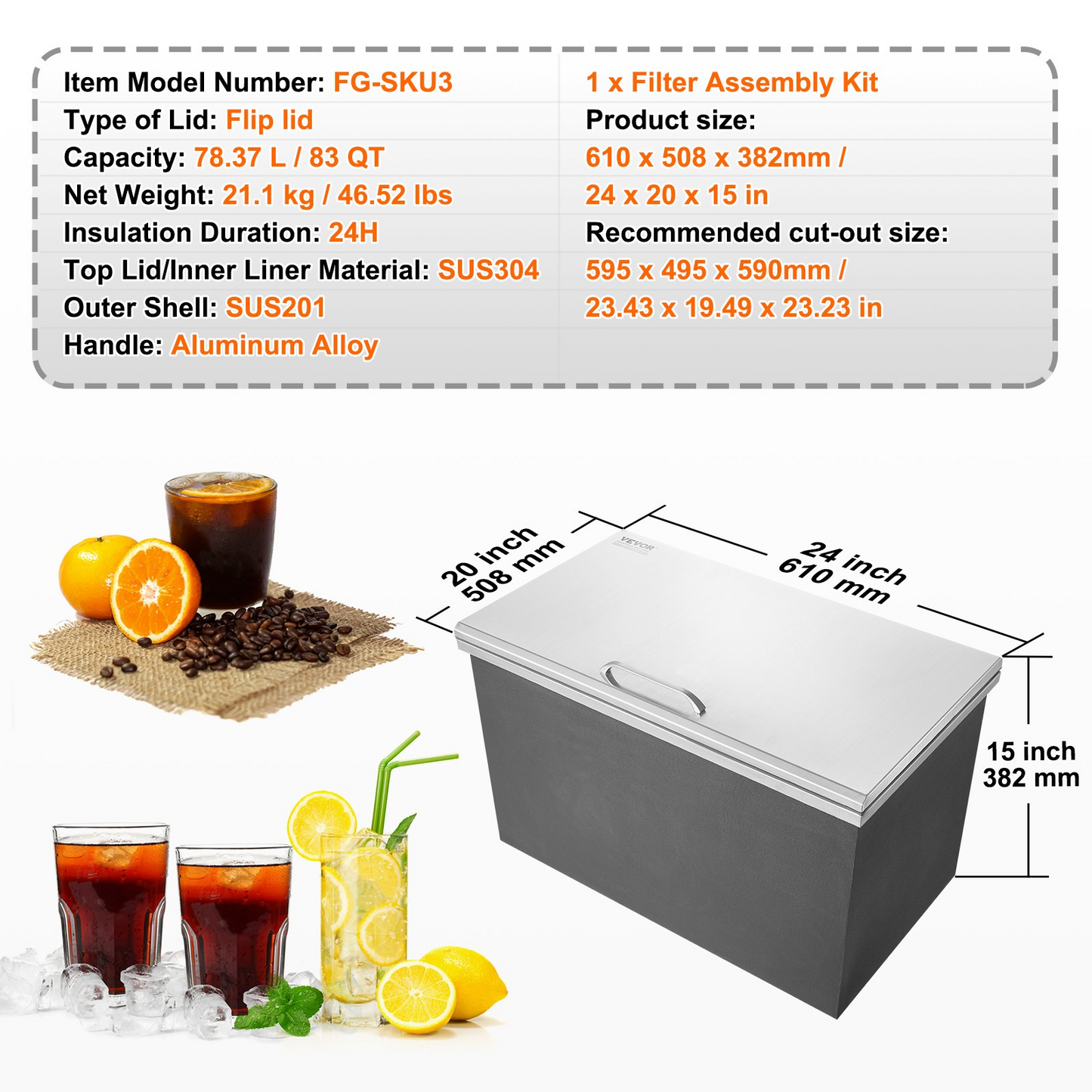 VEVOR Drop in Ice Chest, 24"L x 20"W x 15"H Stainless Steel Ice Cooler, Commercial Ice Bin with Hinged Cover, 40 qt Outdoor Kitchen Ice Bar, Drain-pipe and Drain Plug Included, for Cold Wine Beer