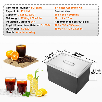 VEVOR Drop in Ice Chest, 20"L x 14"W x 12"H Stainless Steel Ice Cooler, Commercial Ice Bin with Cover, 40 qt Outdoor Kitchen Ice Bar, Drain-pipe and Drain Plug Included, for Cold Wine Beer