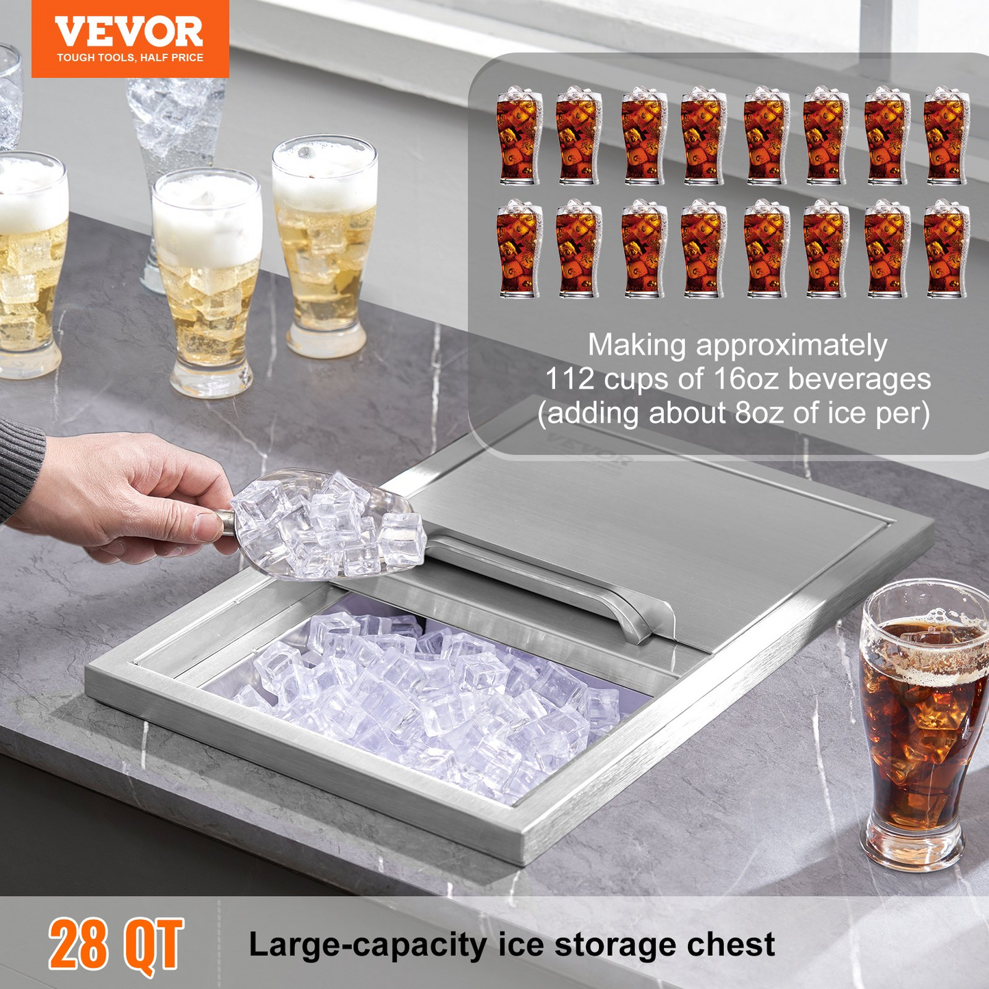 VEVOR Drop in Ice Chest, 18"L x 12"W x 14.5"H Stainless Steel Ice Cooler, Commercial Ice Bin with Sliding Cover, 40.9 qt Outdoor Kitchen Ice Bar, Drain-pipe and Drain Plug Included, for Cold Wine Beer