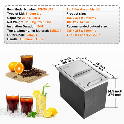 VEVOR Drop in Ice Chest, 18"L x 12"W x 14.5"H Stainless Steel Ice Cooler, Commercial Ice Bin with Sliding Cover, 40.9 qt Outdoor Kitchen Ice Bar, Drain-pipe and Drain Plug Included, for Cold Wine Beer