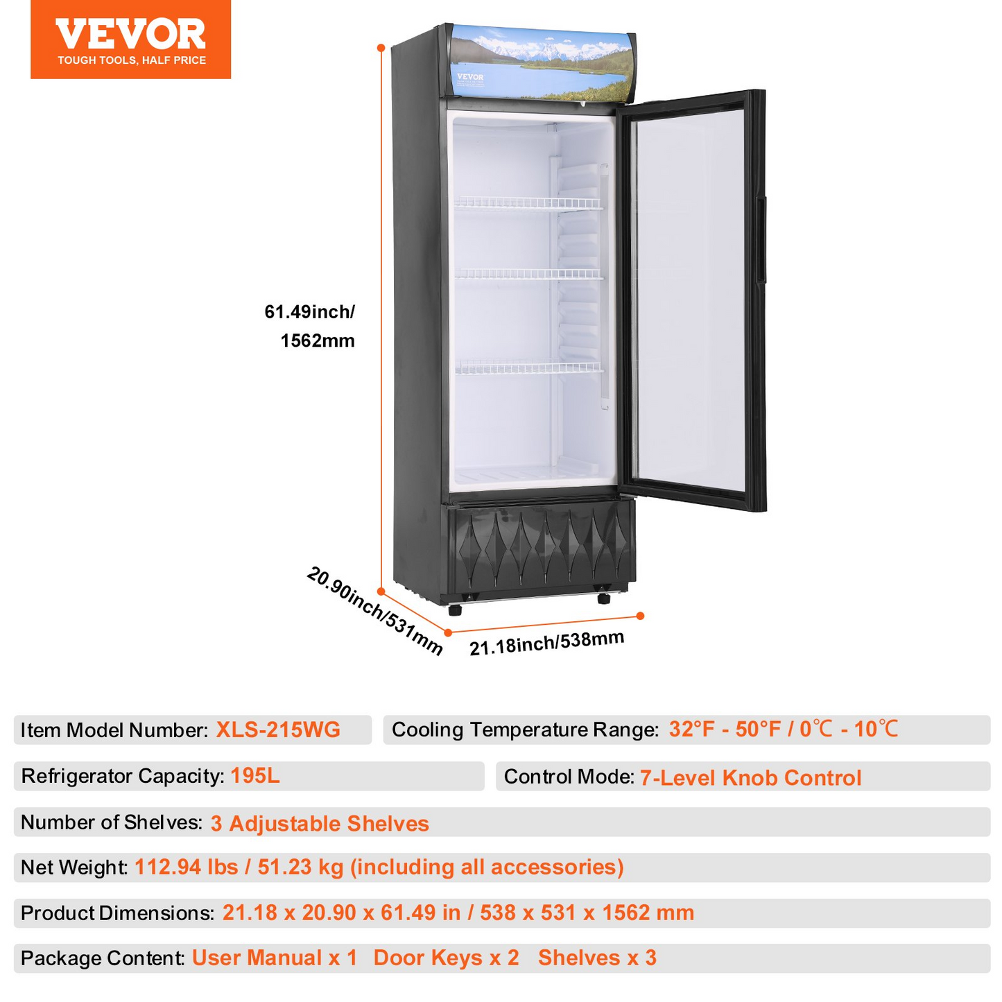 VEVOR Commercial Merchandiser Refrigerator, 6.8 Cu.Ft / 195L Beverage Refrigerator Cooler Merchandiser, Glass Door Display Refrigerator Upright Fridge with 3 Adjustable Shelves, Customizable Lightbox