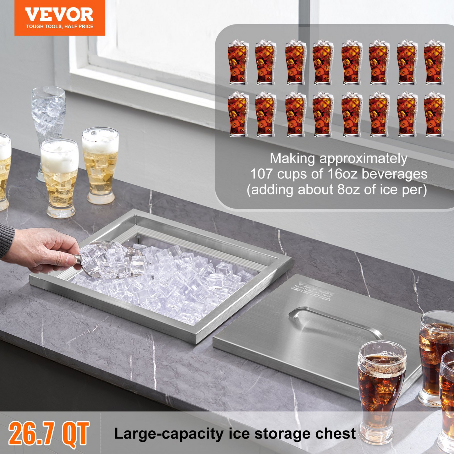 VEVOR Drop in Ice Chest, 14"L x 12"W x 18"H Stainless Steel Ice Cooler, Commercial Ice Bin with Cover, 40 qt Outdoor Kitchen Ice Bar, Drain-pipe and Drain Plug Included, for Cold Wine Beer