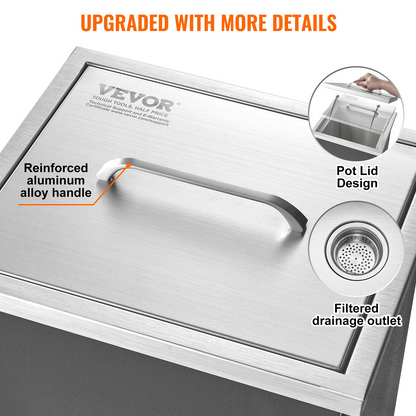 VEVOR Drop in Ice Chest, 14"L x 12"W x 18"H Stainless Steel Ice Cooler, Commercial Ice Bin with Cover, 40 qt Outdoor Kitchen Ice Bar, Drain-pipe and Drain Plug Included, for Cold Wine Beer