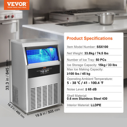 VEVOR Commercial Ice Maker, 100lbs/24H, Ice Maker Machine, 50 Ice Cubes in 12-15 Minutes, Freestanding Cabinet Ice Maker with 33lbs Storage Capacity LED Digital Display, for Bar Home Office Restaurant