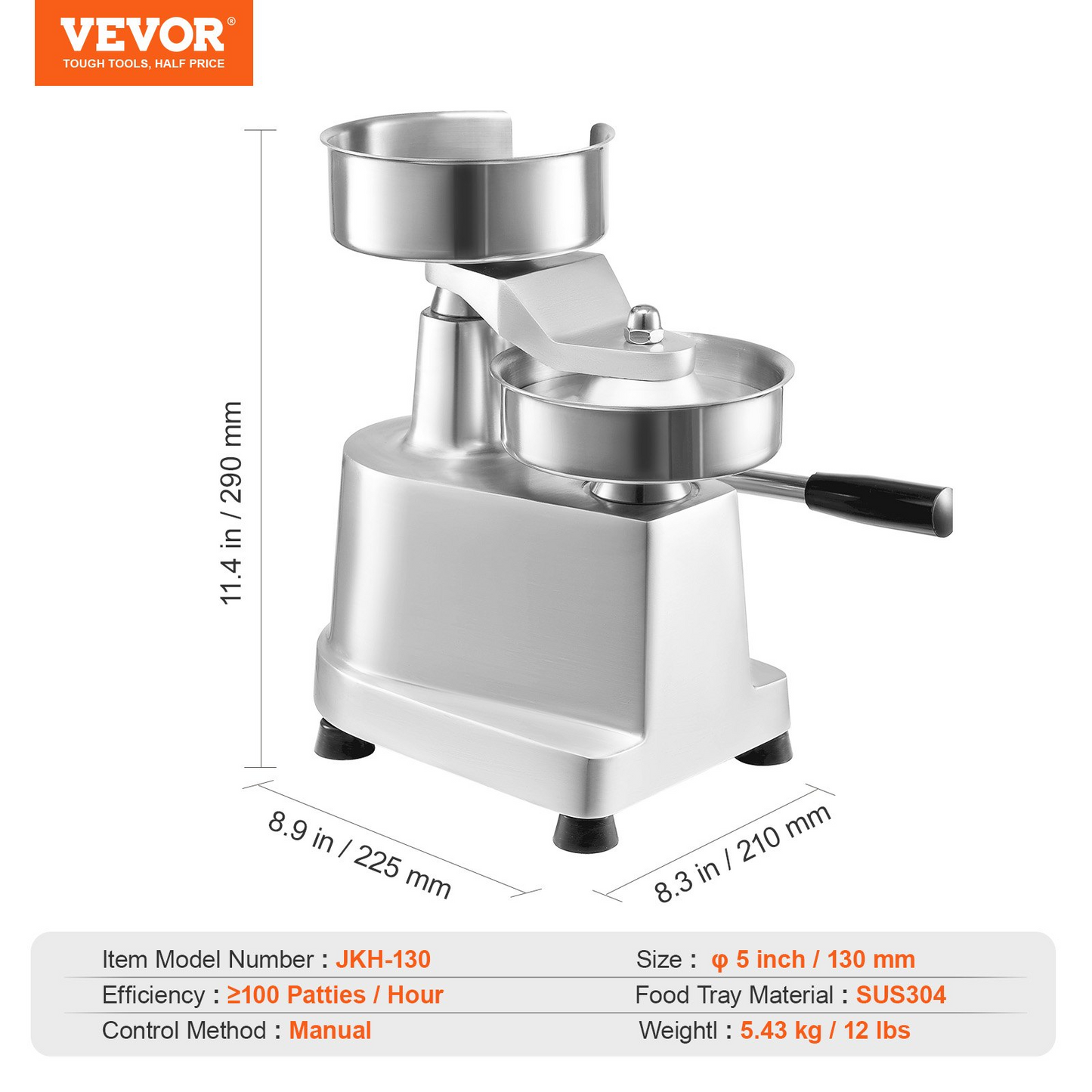 VEVOR Commercial Burger Patty Maker, 130mm/5inch Hamburger Beef Patty Maker, Heavy Duty Food-Grade Stainless Steel Bowl Burger Press Machine, Kitchen Meat Forming Processor with 1000 Pcs Patty Papers