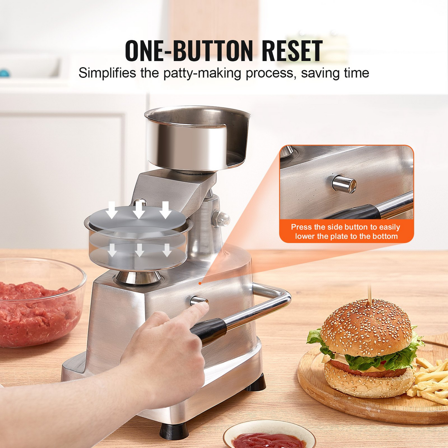 VEVOR Commercial Burger Patty Maker, 100mm/4inch Hamburger Beef Patty Maker, Heavy Duty Food-Grade Stainless Steel Bowl Burger Press Machine, Kitchen Meat Forming Processor with 1000 Pcs Patty Papers