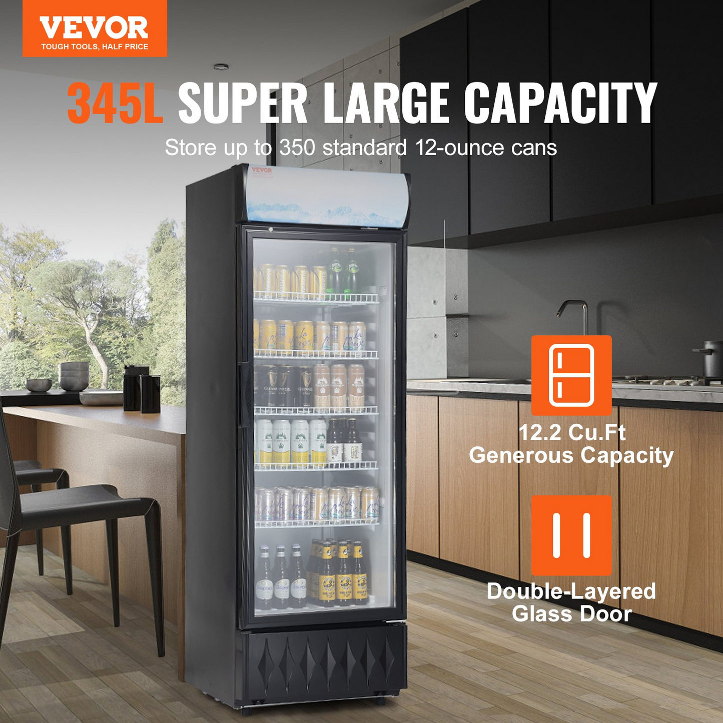 VEVOR Commercial Merchandiser Refrigerator, 12.2 Cu.Ft / 345L Beverage Refrigerator Cooler Merchandiser, Glass Door Display Refrigerator Upright Fridge with 5 Adjustable Shelves, Customizable Lightbox