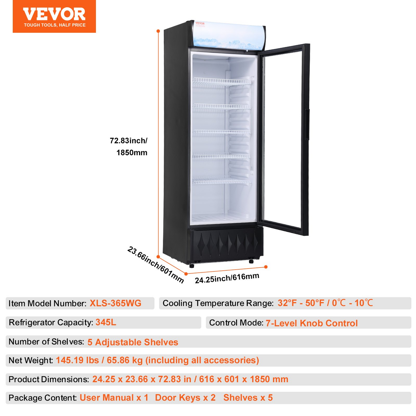 VEVOR Commercial Merchandiser Refrigerator, 12.2 Cu.Ft / 345L Beverage Refrigerator Cooler Merchandiser, Glass Door Display Refrigerator Upright Fridge with 5 Adjustable Shelves, Customizable Lightbox