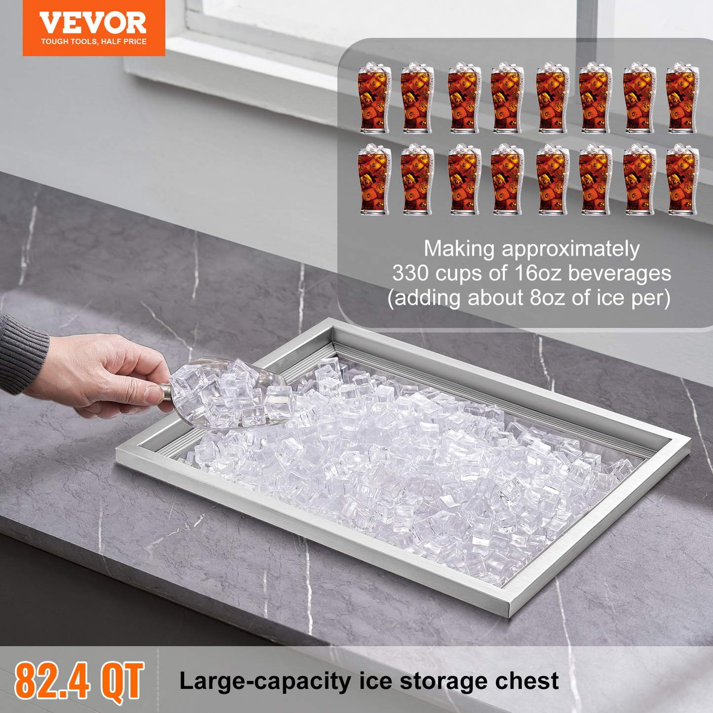 VEVOR Drop in Ice Chest, 21"L x 17"W x 18"H Stainless Steel Ice Cooler, Commercial Ice Bin with Cover, 40 qt Outdoor Kitchen Ice Bar, Drain-pipe and Drain Plug Included, for Cold Wine Beer