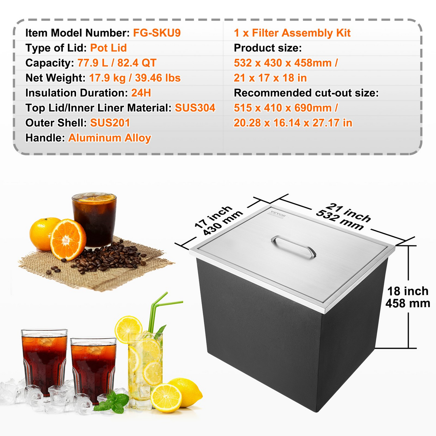 VEVOR Drop in Ice Chest, 21"L x 17"W x 18"H Stainless Steel Ice Cooler, Commercial Ice Bin with Cover, 40 qt Outdoor Kitchen Ice Bar, Drain-pipe and Drain Plug Included, for Cold Wine Beer