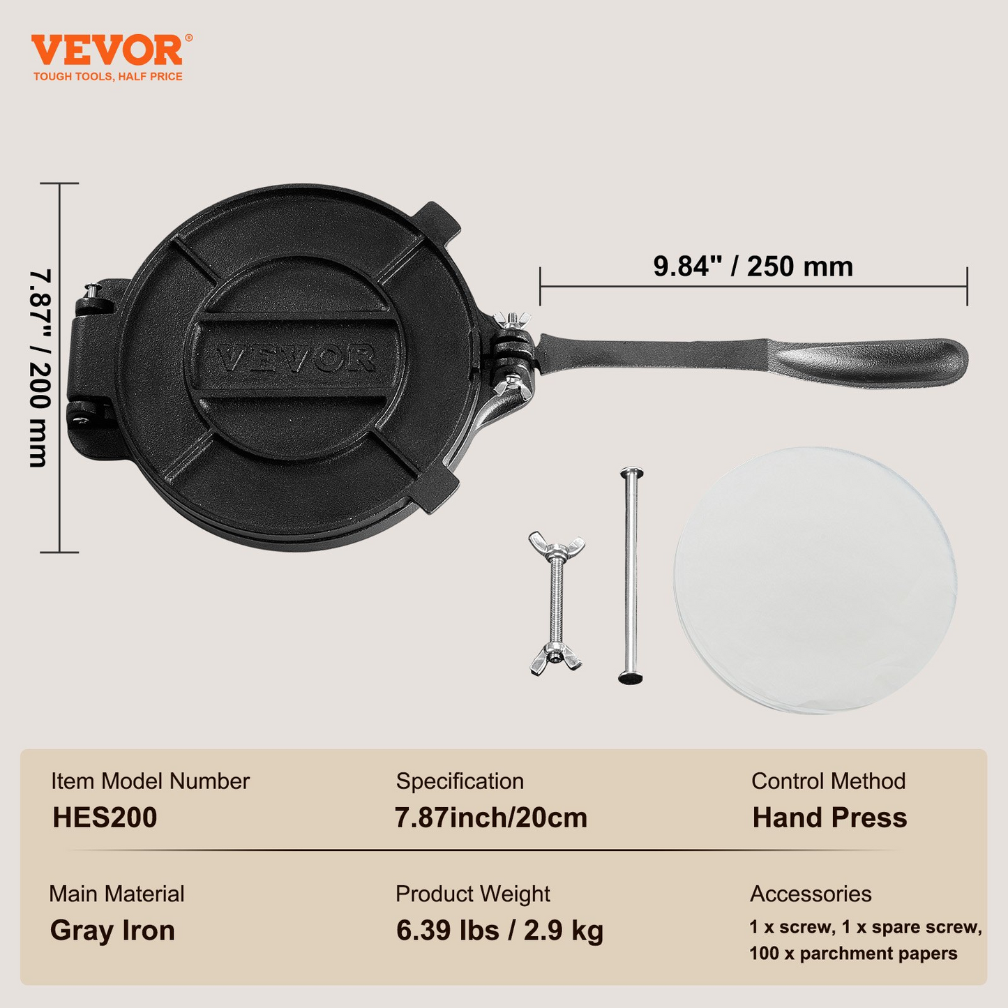 VEVOR Tortilla Press, 8 Inch Tortilla and Roti Maker, Cast Iron Heavy Duty Tortilladora Press, Pre-Seasoned Pataconera Maker with 100 Pcs Parchment Paper, Dough Maker for Flour Tortilla, Tawa, Silver