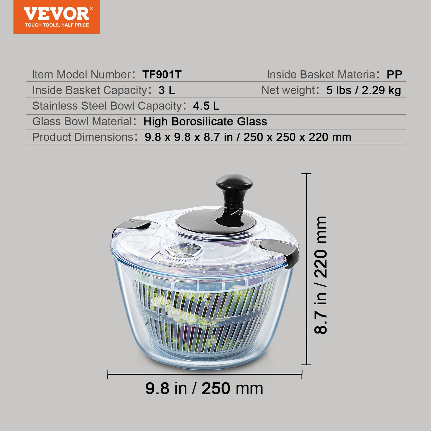 VEVOR Glass Salad Spinner, 4.75Qt, One-handed Easy Press Large Vegetable Dryer Washer, Lettuce Cleaner and Dryer with High Borosilicate Glass Bowl Lid, for Greens, Herbs, Berries, Fruits, No BPA