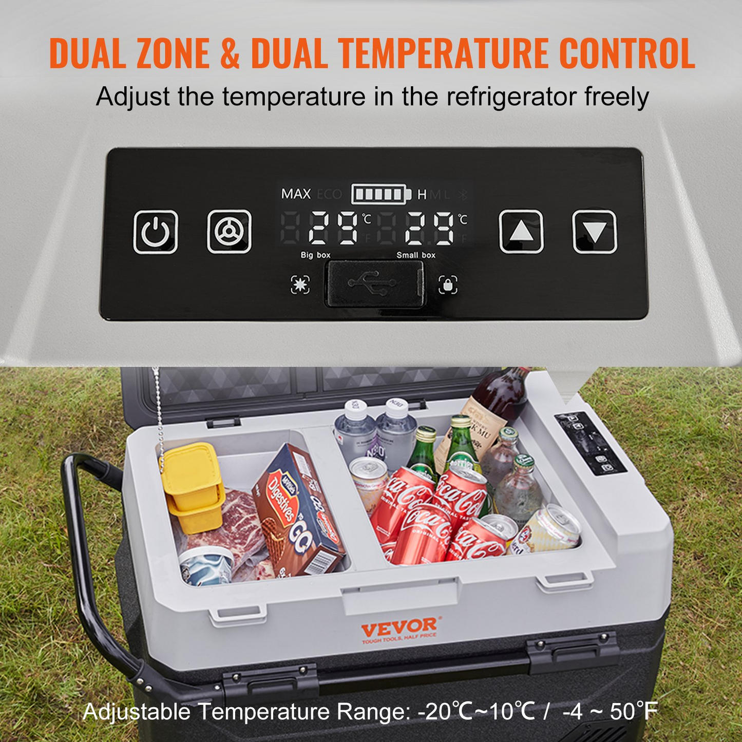 VEVOR Car Refrigerator, 12 Volt Car Refrigerator Fridge, 56 QT/53 L Dual Zone Portable Freezer, -4℉-50℉ Adjustable Range, 12/24V DC and 100-240V AC Compressor Cooler for Outdoor, Camping, Travel, RV