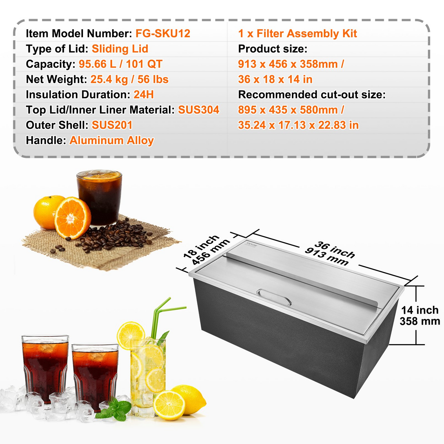 VEVOR Drop in Ice Chest, 36"L x 18"W x 14"H Stainless Steel Ice Cooler, Commercial Ice Bin with Sliding Cover, 40.9 qt Outdoor Kitchen Ice Bar, Drain-pipe and Drain Plug Included, for Cold Wine Beer