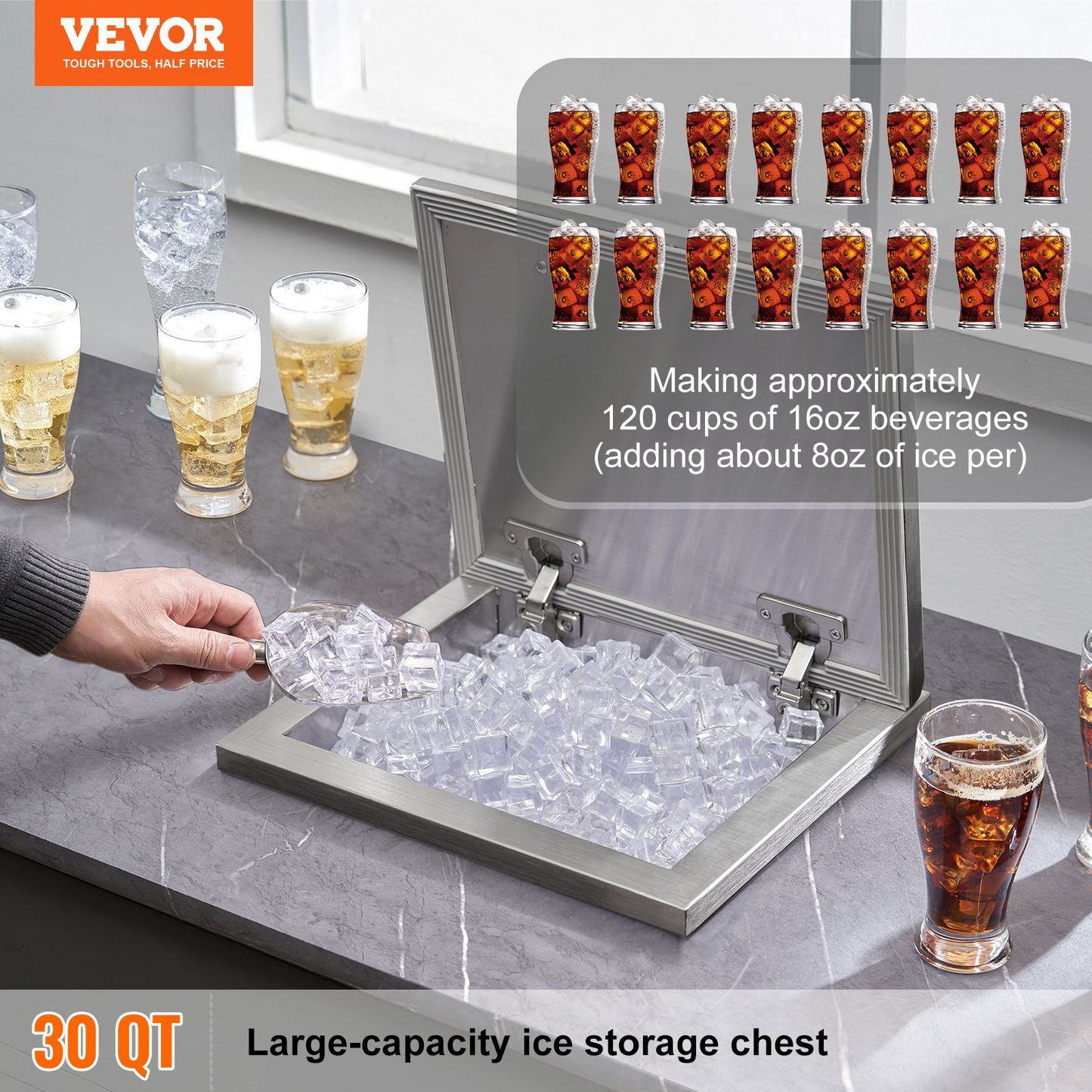 VEVOR Drop in Ice Chest, 14"L x 12"W x 18"H Stainless Steel Ice Cooler, Commercial Ice Bin with Hinged Cover, 40 qt Outdoor Kitchen Ice Bar, Drain-pipe and Drain Plug Included, for Cold Wine Beer