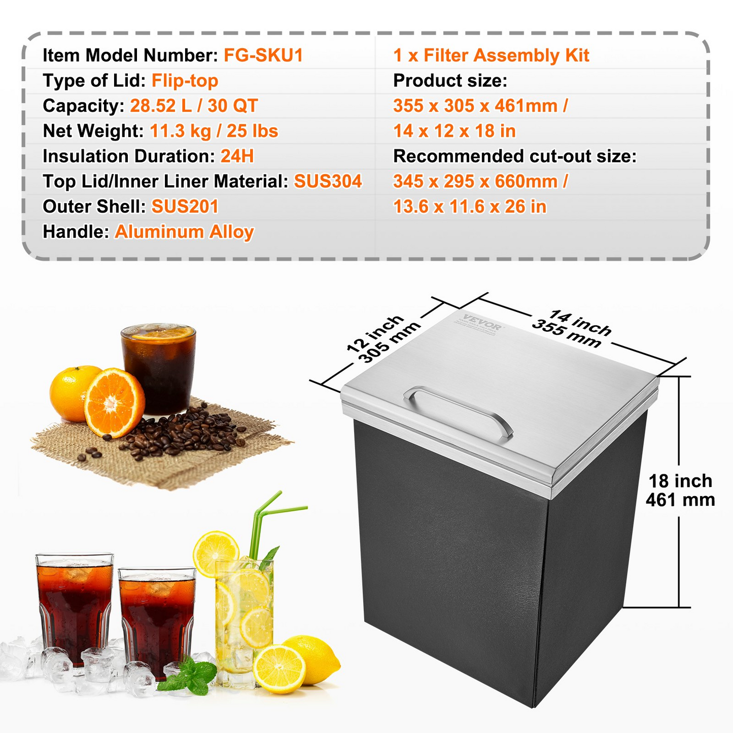 VEVOR Drop in Ice Chest, 14"L x 12"W x 18"H Stainless Steel Ice Cooler, Commercial Ice Bin with Hinged Cover, 40 qt Outdoor Kitchen Ice Bar, Drain-pipe and Drain Plug Included, for Cold Wine Beer