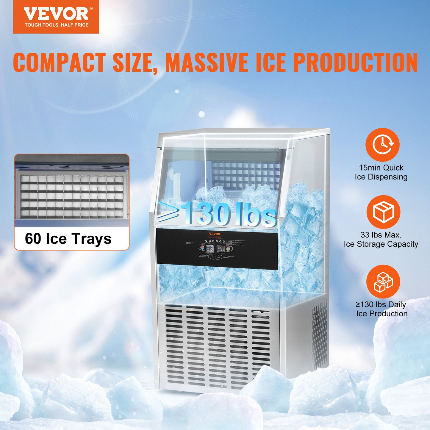 VEVOR Commercial Ice Maker, 130lbs/24H, Ice Maker Machine, 60 Ice Cubes in 12-15 Minutes, Freestanding Cabinet Ice Maker with 33lbs Storage Capacity LED Digital Display, for Bar Home Office Restaurant