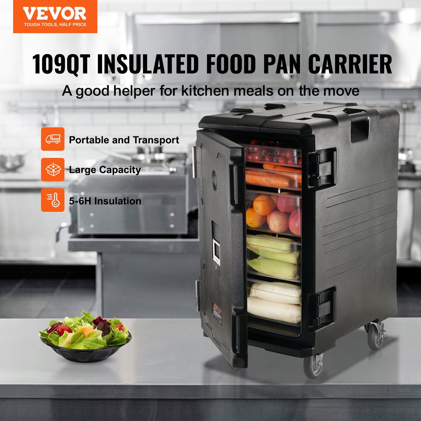 VEVOR Insulated Food Pan Carrier, 109 Qt Hot Box for Catering, LLDPE Food Box Carrier w/Double Buckles, Front Loading Food Warmer w/Handles, End Loader w/Wheels for Restaurant, Canteen, etc. Black