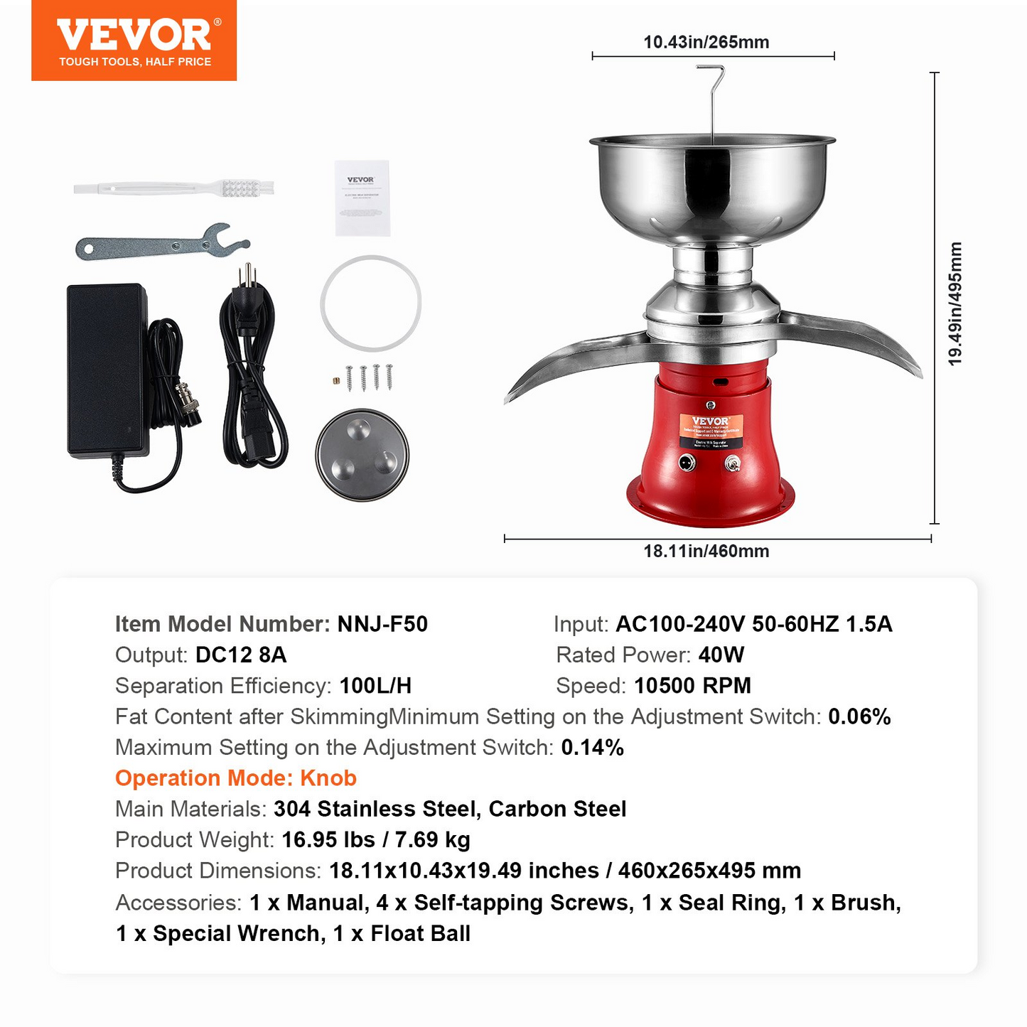 VEVOR Milk Cream Centrifugal Separator, 304 Stainless Steel Electric Cream Separators, 100L/H Output 10500RPM Goat Milk Separator, 30W Cow Cream Separator, Milk Skimmer with 5L Bowl Capacity, 100-240V