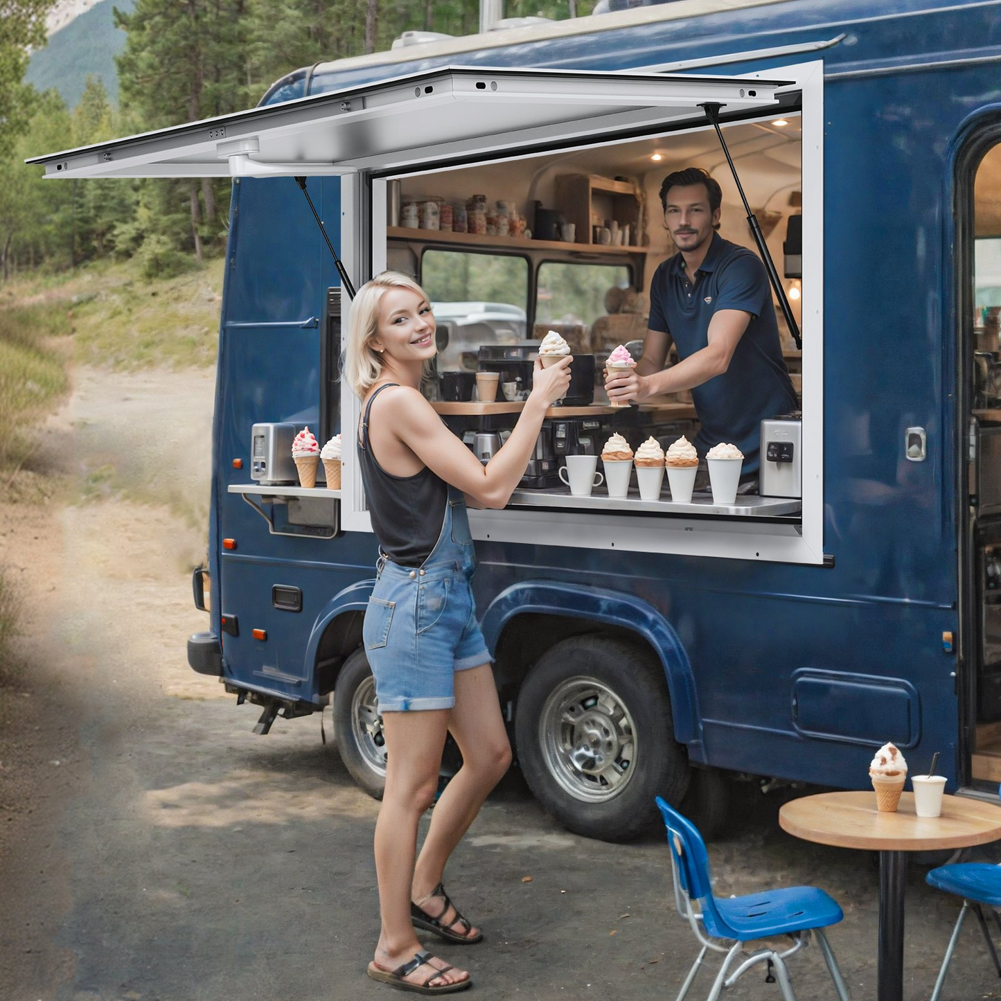 VEVOR Concession Window 48"x36", Aluminum Alloy Food Truck Service Window with Awning Door & Drag Hook, Up to 85 Degrees Stand Serving Window for Food Trucks Concession Trailers, Glass Not Included