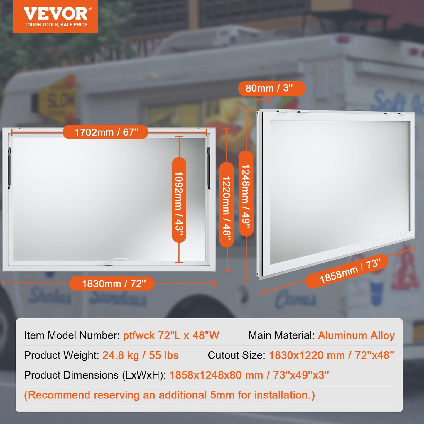 VEVOR Concession Window 72"x48", Aluminum Alloy Food Truck Service Window with Awning Door & Drag Hook, Up to 85 Degrees Stand Serving Window for Food Trucks Concession Trailers, Glass Not Included