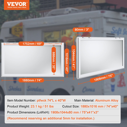 VEVOR Concession Window 74"x40", Aluminum Alloy Food Truck Service Window with Awning Door & Drag Hook, Up to 85 Degrees Stand Serving Window for Food Trucks Concession Trailers, Glass Not Included