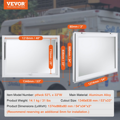 VEVOR Concession Window 53"x33", Aluminum Alloy Food Truck Service Window with Awning Door & Drag Hook, Up to 85 Degrees Stand Serving Window for Food Trucks Concession Trailers, Glass Not Included