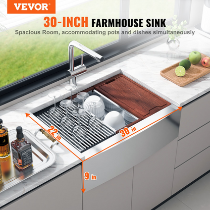 VEVOR Farmhouse Kitchen Sink, 304 Stainless Steel Drop-In Sinks, Single Bowl Basin with Ledge & Accessories, Household Dishwasher Sinks for Workstation, Prep Kitchen, and Bar Sink, 30 inch