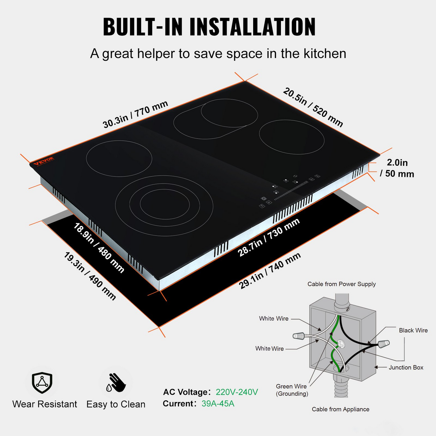 VEVOR Built in Electric Stove Top, 30.3 x 20.5 inch 4 Burners, 240V Glass Radiant Cooktop with Sensor Touch Control, Timer & Child Lock Included, 9 Power Levels for Simmer Steam Slow Cook Fry