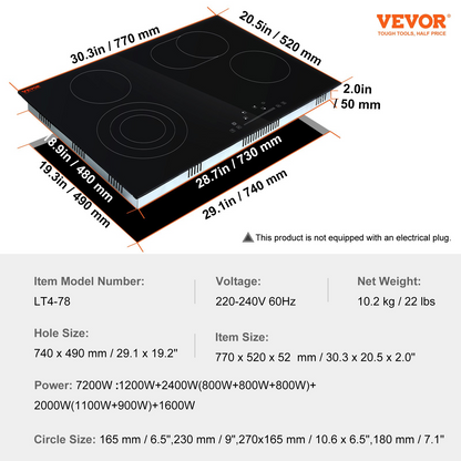 VEVOR Built in Electric Stove Top, 30.3 x 20.5 inch 4 Burners, 240V Glass Radiant Cooktop with Sensor Touch Control, Timer & Child Lock Included, 9 Power Levels for Simmer Steam Slow Cook Fry