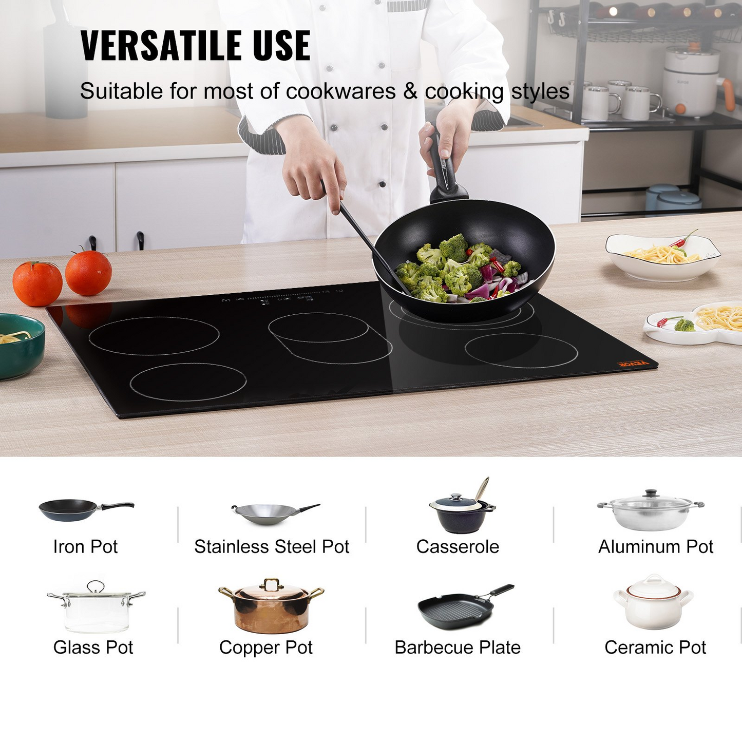 VEVOR Built in Electric Stove Top, 30.3 x 20.5 inch 5 Burners, 240V Glass Radiant Cooktop with Sensor Touch Control, Timer & Child Lock Included, 9 Power Levels for Simmer Steam Slow Cook Fry