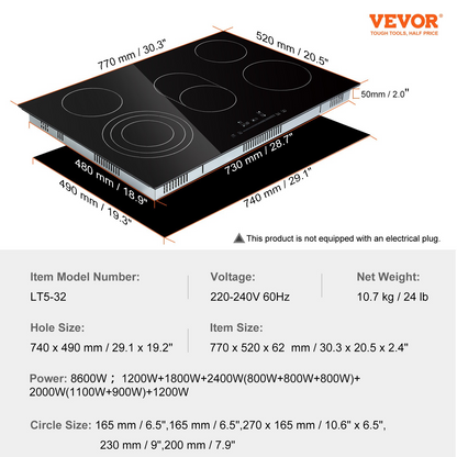 VEVOR Built in Electric Stove Top, 30.3 x 20.5 inch 5 Burners, 240V Glass Radiant Cooktop with Sensor Touch Control, Timer & Child Lock Included, 9 Power Levels for Simmer Steam Slow Cook Fry