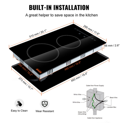VEVOR Built in Electric Stove Top, 20 x 11.6 inch 2 Burners, 110V Glass Radiant Cooktop with Sensor Touch Control, Timer & Child Lock Included, 9 Power Levels for Simmer Steam Slow Cook Fry