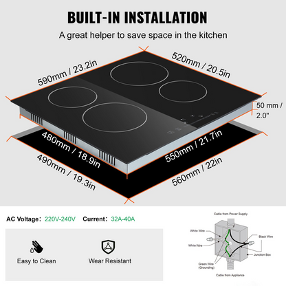 VEVOR Built in Electric Stove Top, 23.2 x 20.5 inch 4 Burners, 240V Glass Radiant Cooktop with Sensor Touch Control, Timer & Child Lock Included, 9 Power Levels for Simmer Steam Slow Cook Fry