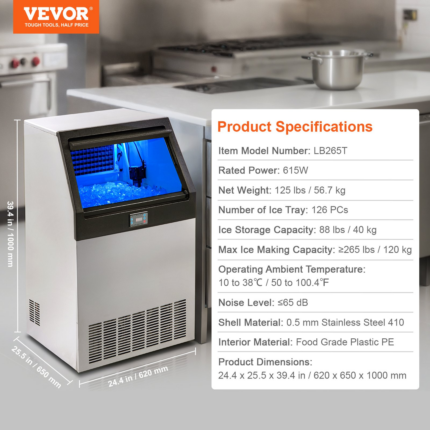 VEVOR Commercial Ice Maker, 265lbs/24H, Ice Maker Machine, 126 Ice Cubes in 12-15 Minutes, Freestanding Cabinet Ice Maker with 88lbs Storage Capacity LED Digital Display, for Home Office Restaurant