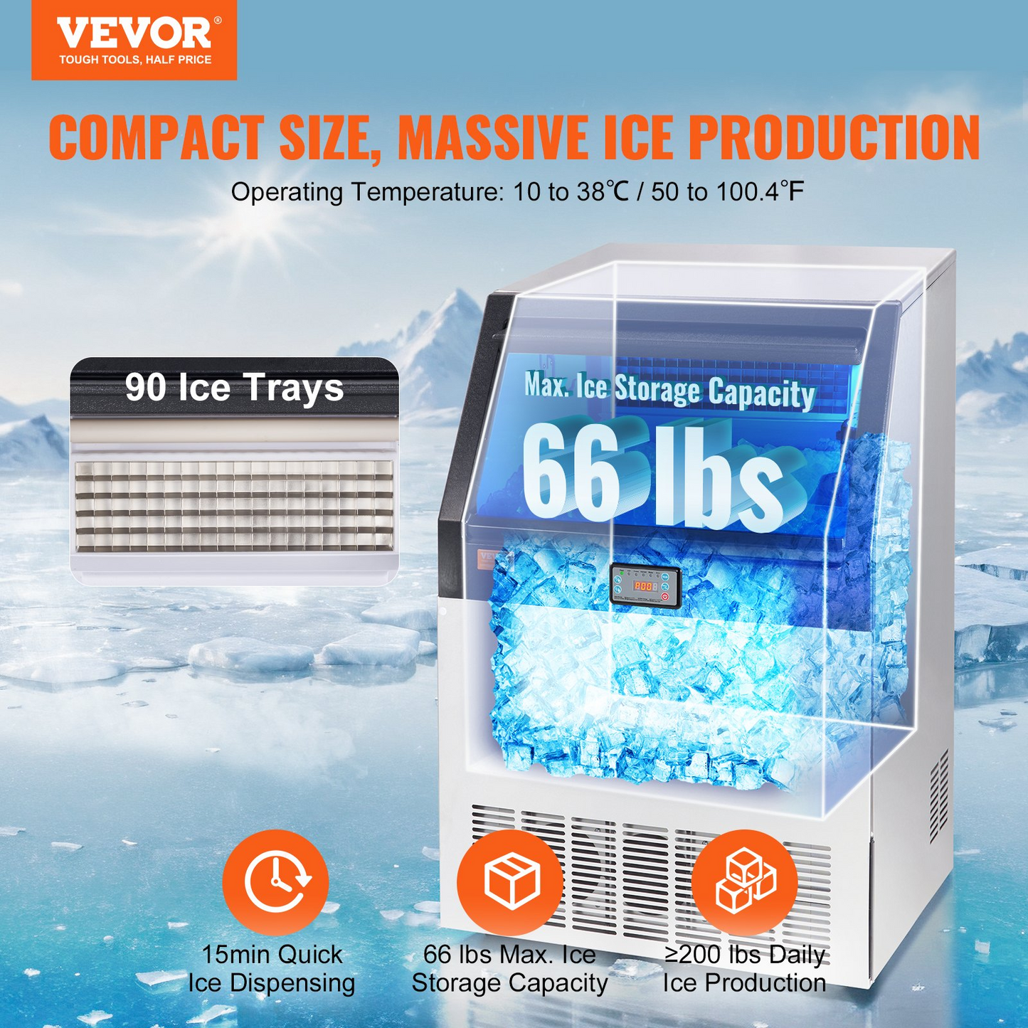 VEVOR Commercial Ice Maker, 200lbs/24H, Ice Maker Machine, 90 Ice Cubes in 12-15 Minutes, Freestanding Cabinet Ice Maker with 66lbs Storage Capacity LED Digital Display, for Bar Home Office Restaurant