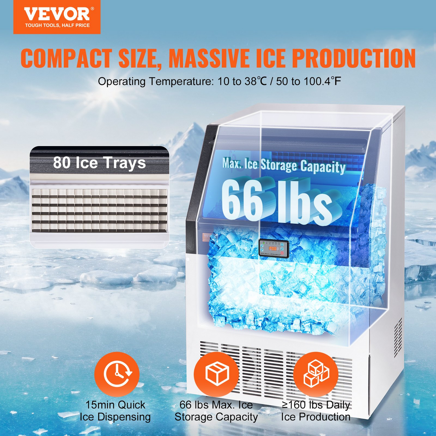 VEVOR Commercial Ice Maker, 160lbs/24H, Ice Maker Machine, 80 Ice Cubes in 12-15 Minutes, Freestanding Cabinet Ice Maker with 66lbs Storage Capacity LED Digital Display, for Bar Home Office Restaurant