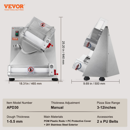 VEVOR Pizza Dough Roller Sheeter, 3-12 Inch Automatic Commercial Pizza Press, 370W Electric 260 Per Hour Dough Roller, Stainless Steel Adjustable Thickness Dough Machine, for Pasta Maker Equipment