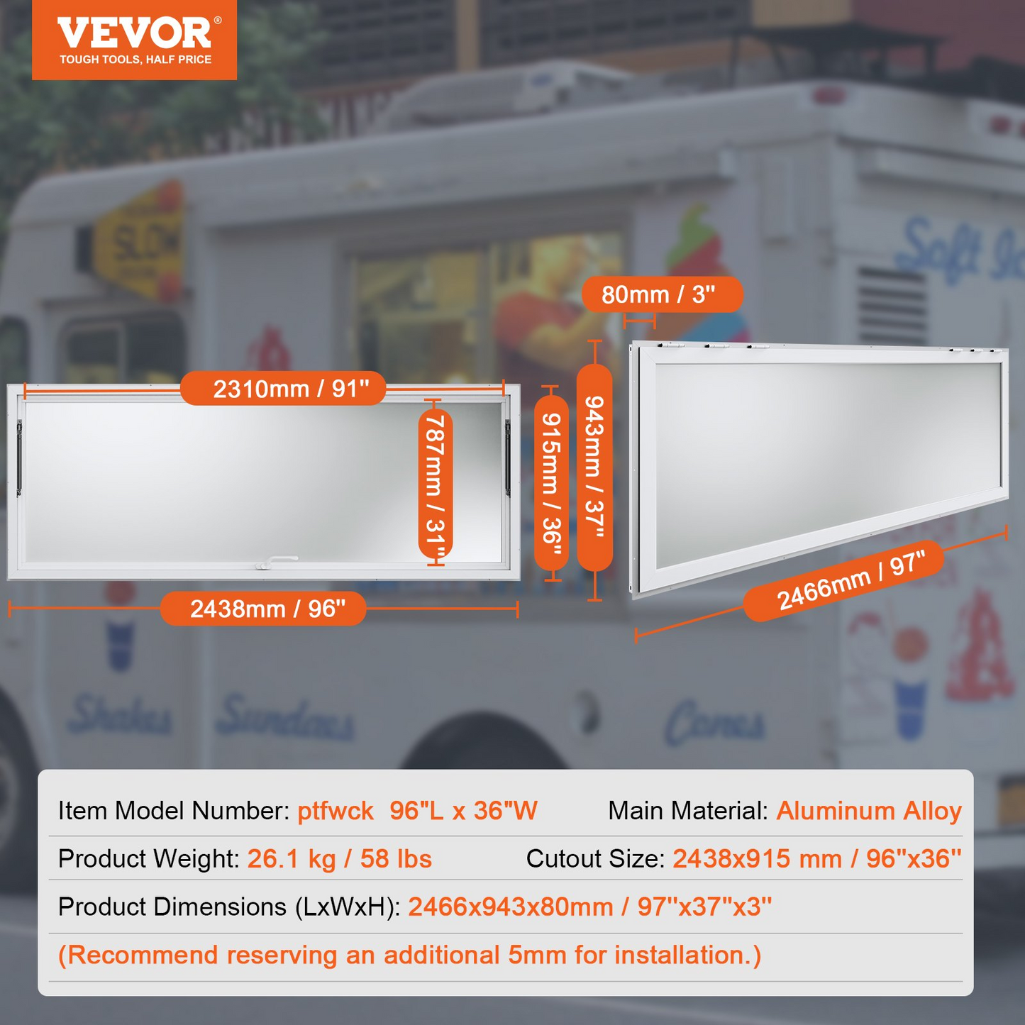 VEVOR Concession Window 96"x36", Aluminum Alloy Food Truck Service Window with Awning Door & Drag Hook, Up to 85 Degrees Stand Serving Window for Food Trucks Concession Trailers, Glass Not Included