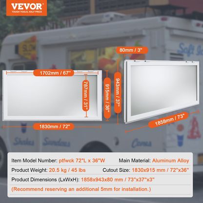 VEVOR Concession Window 72"x36", Aluminum Alloy Food Truck Service Window with Awning Door & Drag Hook, Up to 85 Degrees Stand Serving Window for Food Trucks Concession Trailers, Glass Not Included