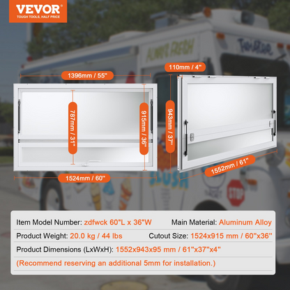 VEVOR Concession Window 60"x36", Aluminum Alloy Food Truck Service Window with Triple Sliding Windows & Awning Door & Drag Hook, Up to 85 Degrees Serving Window for Food Trucks Concession Trailers