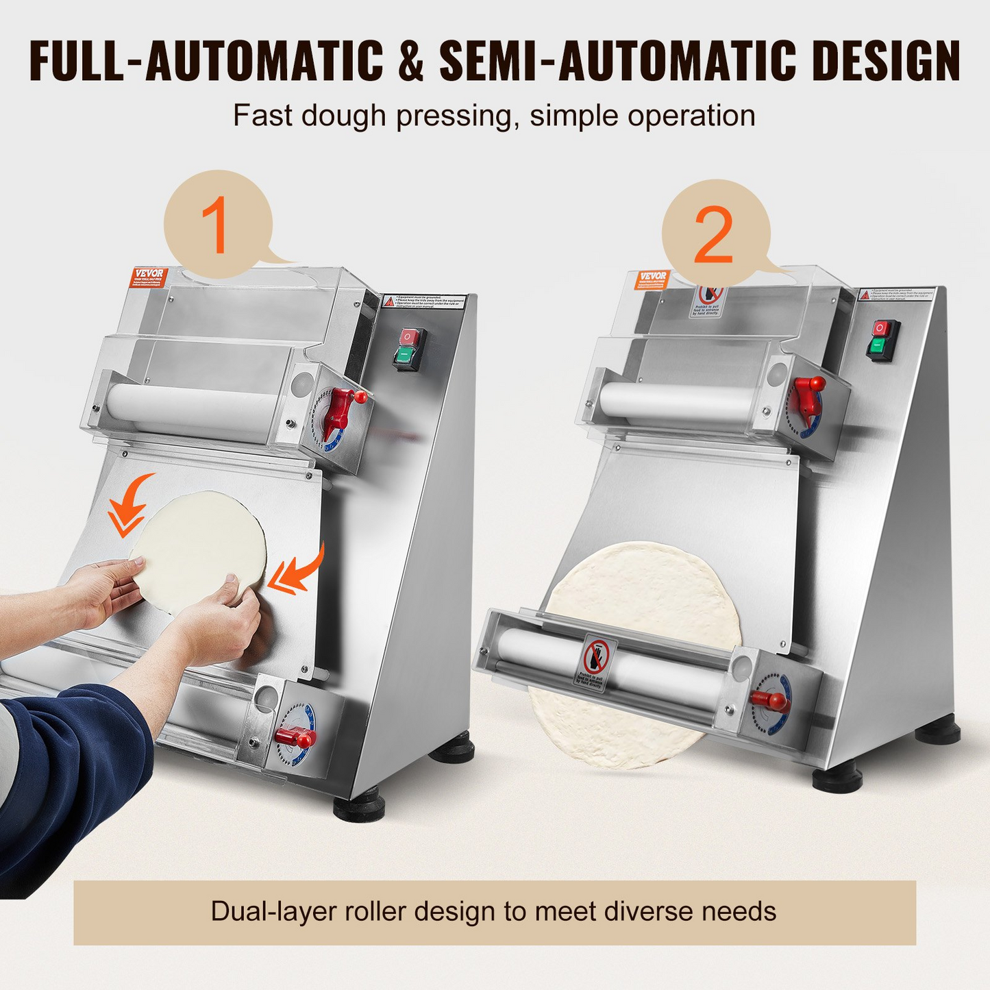 VEVOR Pizza Dough Roller Sheeter, 3-15 Inch Automatic Commercial Pizza Press, 390W Electric 260 Per Hour Dough Roller, Stainless Steel Adjustable Thickness Dough Machine, for Pasta Maker Equipment