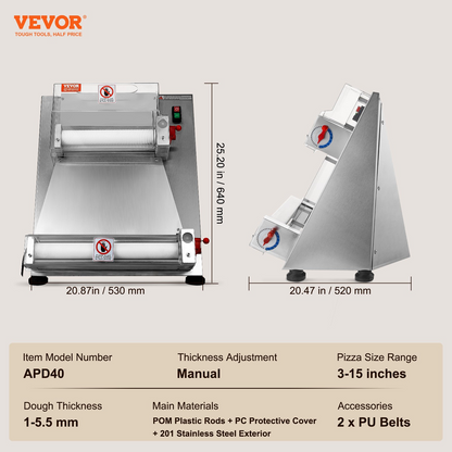 VEVOR Pizza Dough Roller Sheeter, 3-15 Inch Automatic Commercial Pizza Press, 390W Electric 260 Per Hour Dough Roller, Stainless Steel Adjustable Thickness Dough Machine, for Pasta Maker Equipment