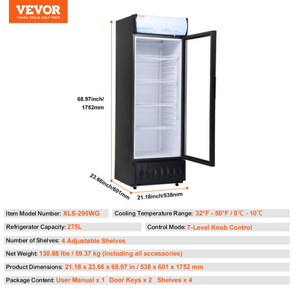 VEVOR Commercial Merchandiser Refrigerator, 9.7 Cu.Ft / 275L Beverage Refrigerator Cooler Merchandiser, Glass Door Display Refrigerator Upright Fridge with 4 Adjustable Shelves, Customizable Lightbox