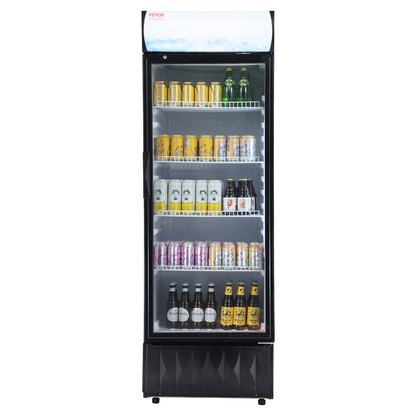 VEVOR Commercial Merchandiser Refrigerator, 9.7 Cu.Ft / 275L Beverage Refrigerator Cooler Merchandiser, Glass Door Display Refrigerator Upright Fridge with 4 Adjustable Shelves, Customizable Lightbox