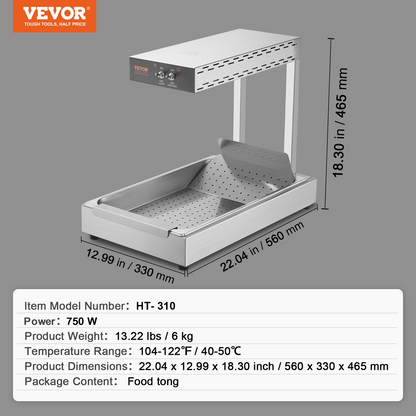 VEVOR French Fry Food Warmer, 750W Commercial Food Heating Lamp, Electric Stainless Steel Warming Light Dump Station, Countertop 104-122°F Fries Food Warmer for Chip Buffet Kitchen Restaurant, Silver