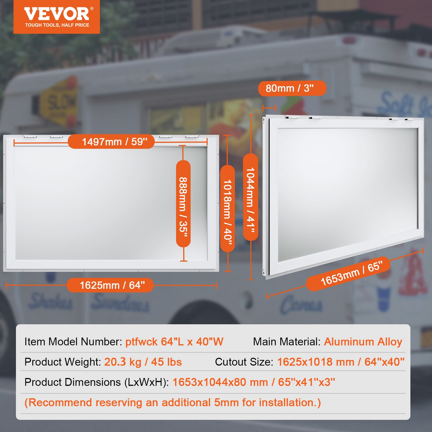 VEVOR Concession Window 64"x40", Aluminum Alloy Food Truck Service Window with Awning Door & Drag Hook, Up to 85 Degrees Stand Serving Window for Food Trucks Concession Trailers, Glass Not Included